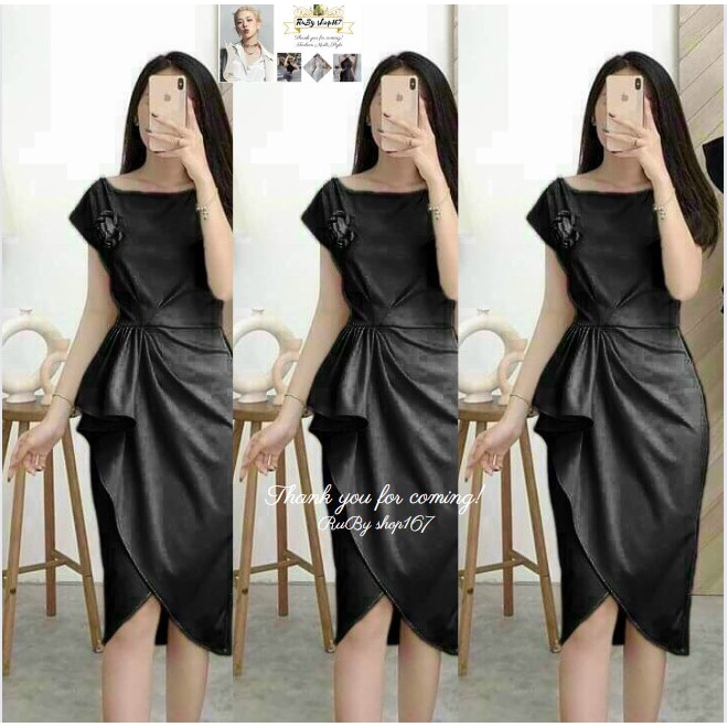 Đầm Xếp LY Xéo Cổ Thuyền Kết Nơ Bông Kiểu (màu Đen)
