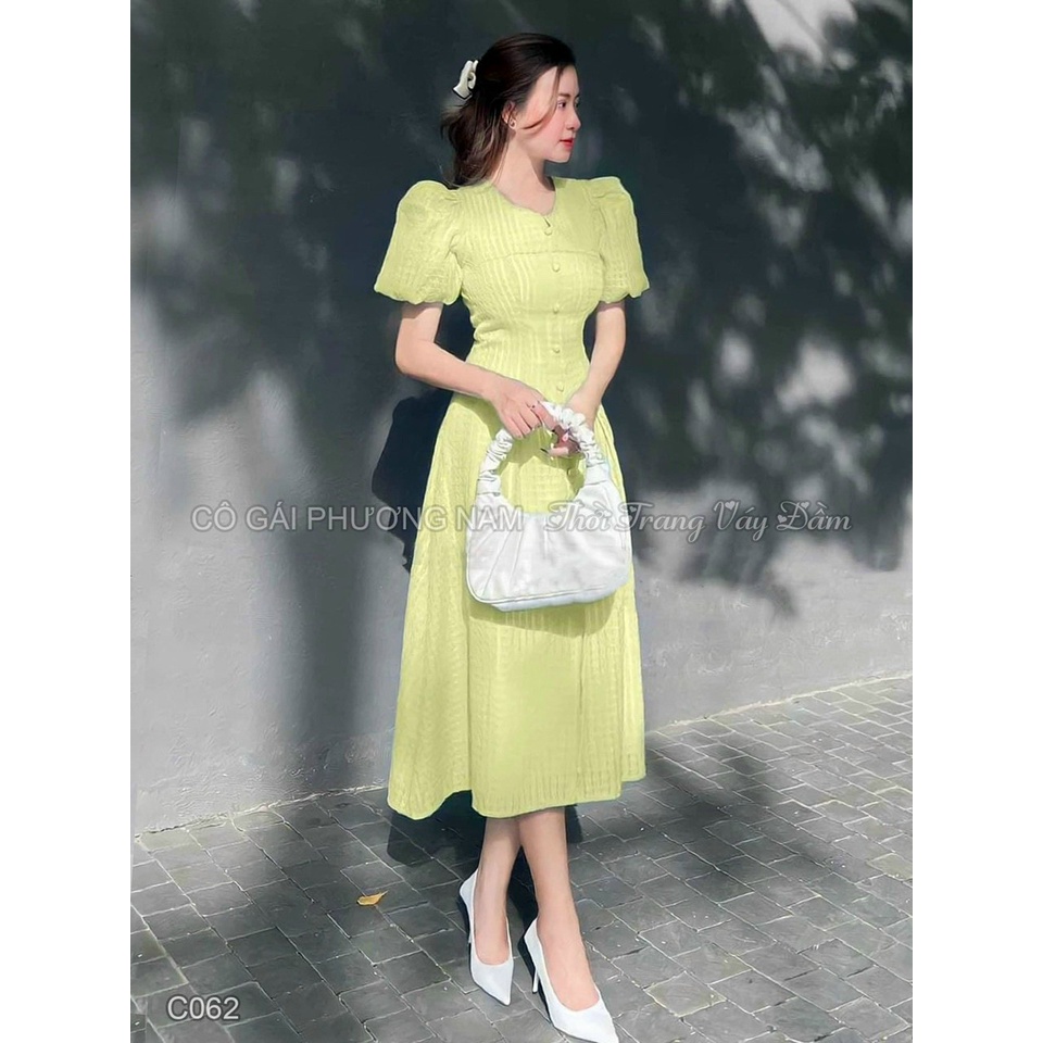 (Miễn Phí Ship) Đầm nút bọc tay phồng,đầm nữ cổ tròn dáng xòe chất xô cao cấp 2 lớp,diện đi đâu cũng xinh