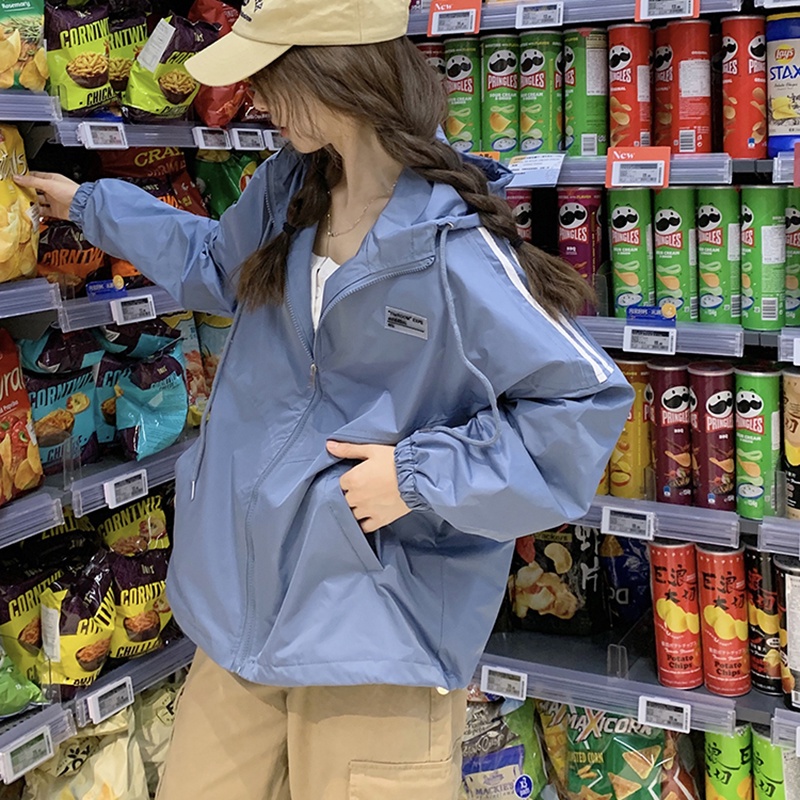 IELGY  Áo Khoác Tay Dài Có Nón Dáng Rộng Màu Sắc Tương Phản Phong Cách Hàn Quốc Cho Nữ