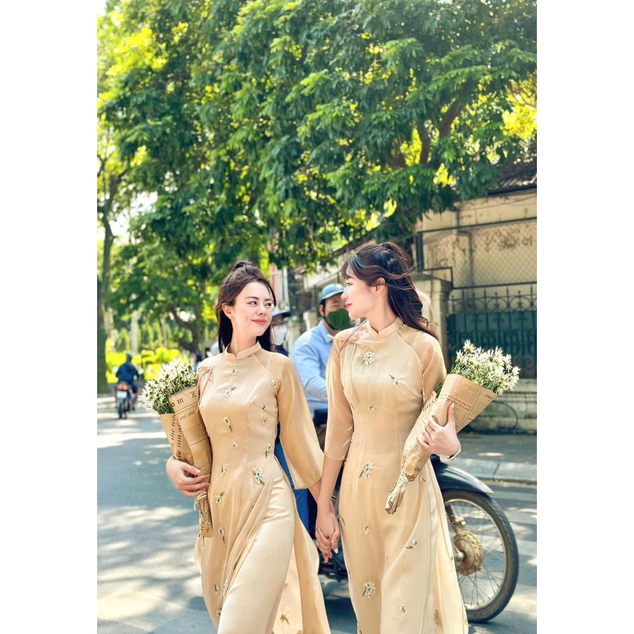 Áo dài cúc chi cách tân may sẵn voan tơ thêu 4 tà cao cấp siêu đẹp cho nàng diện Tết 2023 giá rẻ saam