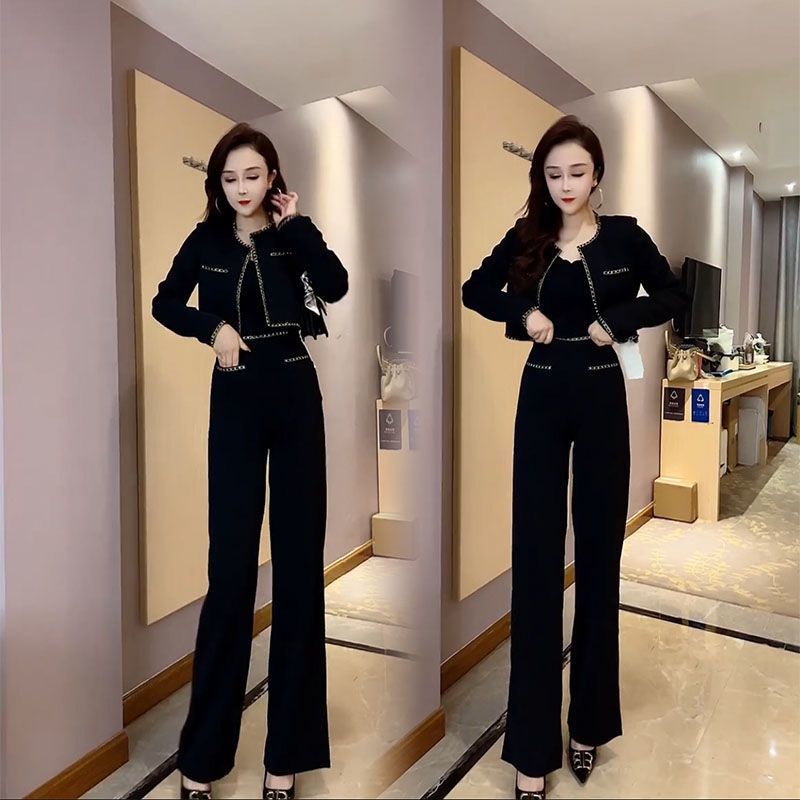 Influencer Set Áo Khoác Ngắn Phối Quần Dài Ống Rộng Thời Trang Mùa Thu Phong Cách Xiaoxiang Cao Cấp