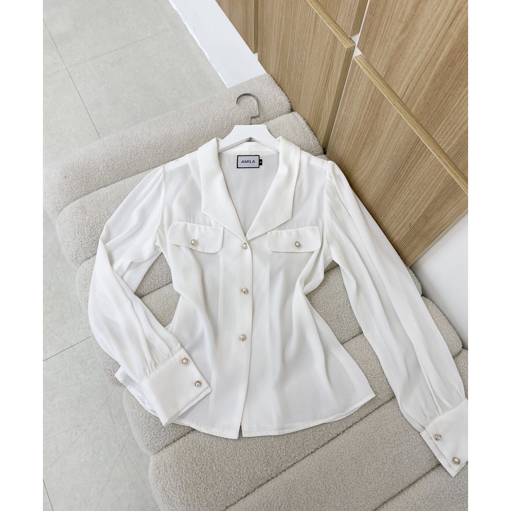 HÀNG SẴN Set bán lẻ gồm  Áo sơ mi công sở màu trắng cổ vest túi nắp YA75 và chân váy nâu mini YCV YAME