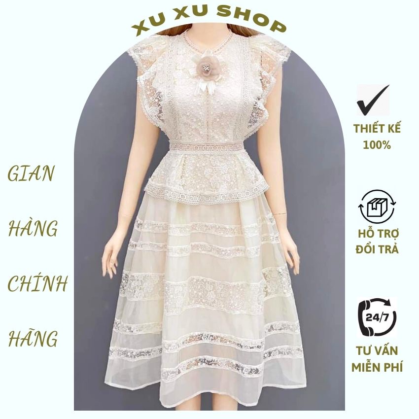 Đầm dự tiệc ren thiết kế hàng cao cấp - Váy nữ đi sự kiện, đám cưới sang trọng nổi bật kèm hoa cài - XU XU SHOP