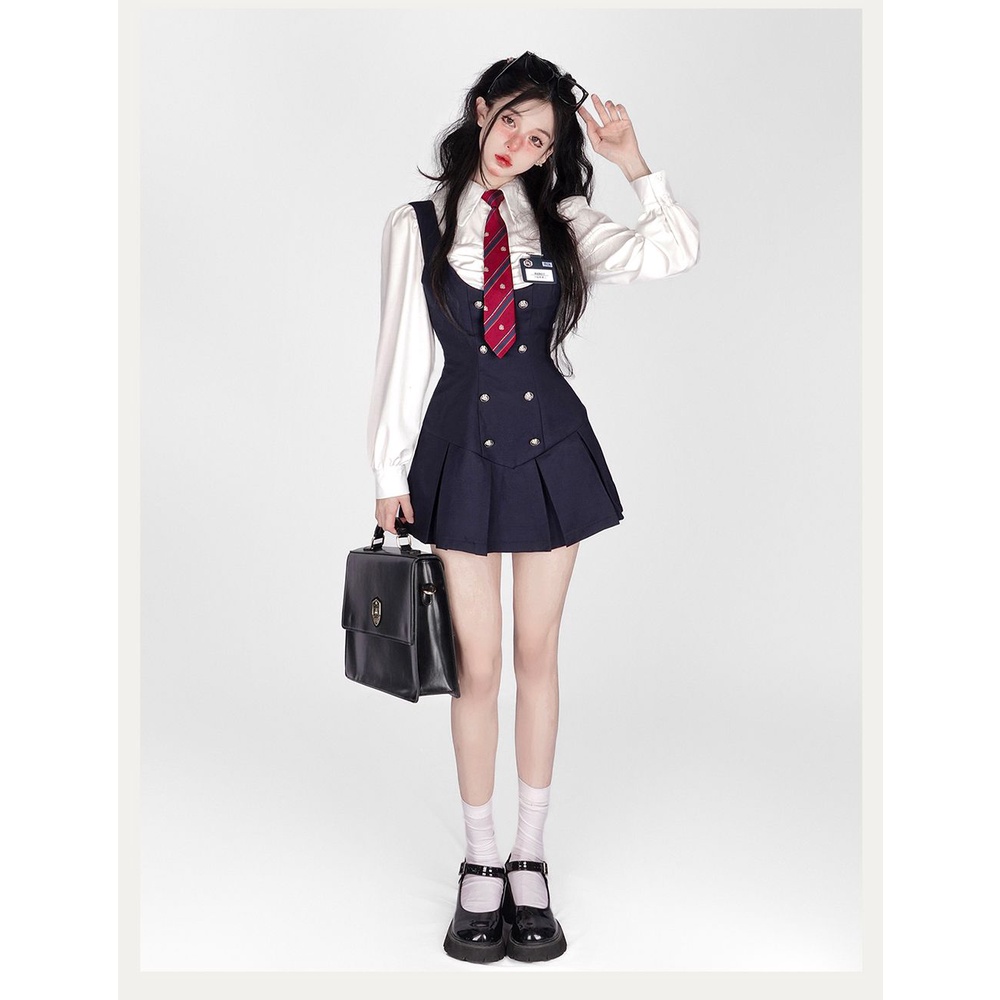 + Bộ Áo Sơ Mi Tay Dài Ôm Eo + Chân Váy Đồng Phục Mùa Thu Phong Cách Preppy Cho Nữ