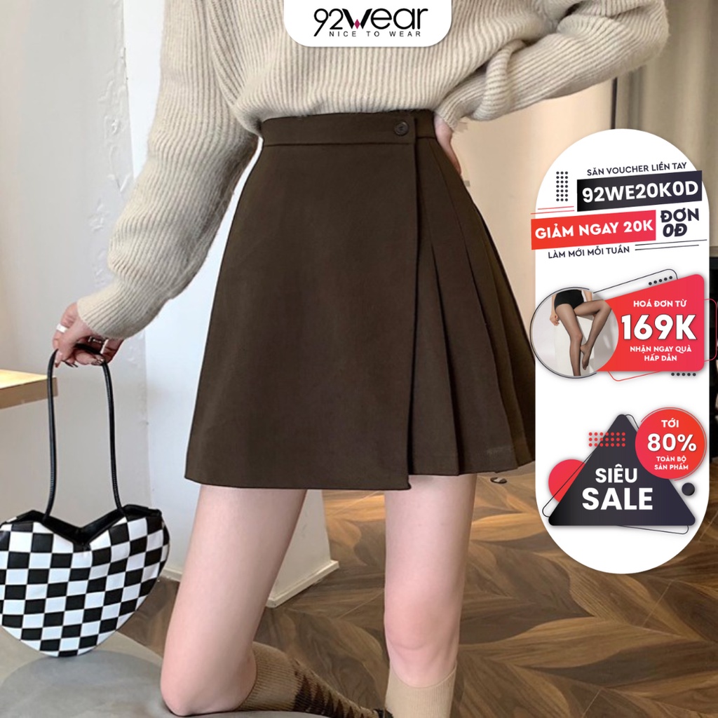 Chân váy nữ 92WEAR chữ A thiết kế xếp ly lưng cao phong cách Hàn Quốc trẻ trung CV006