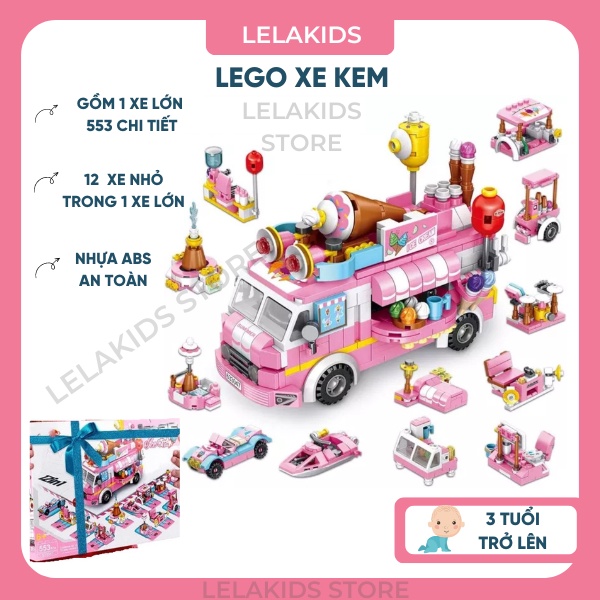 Bộ Đồ Lắp Ráp Lego Xe Kem Màu Hồng dành cho bé gái, bé trai 6 tuổi, 7 tuổi, 8 tuổi, 9 tuổi_LelaKids