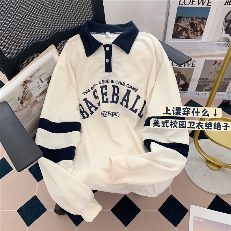 SUXI Áo Sweater Cổ Polo Dáng Rộng In Chữ Kiểu Vintage Dễ Phối Đồ Cho Nữ