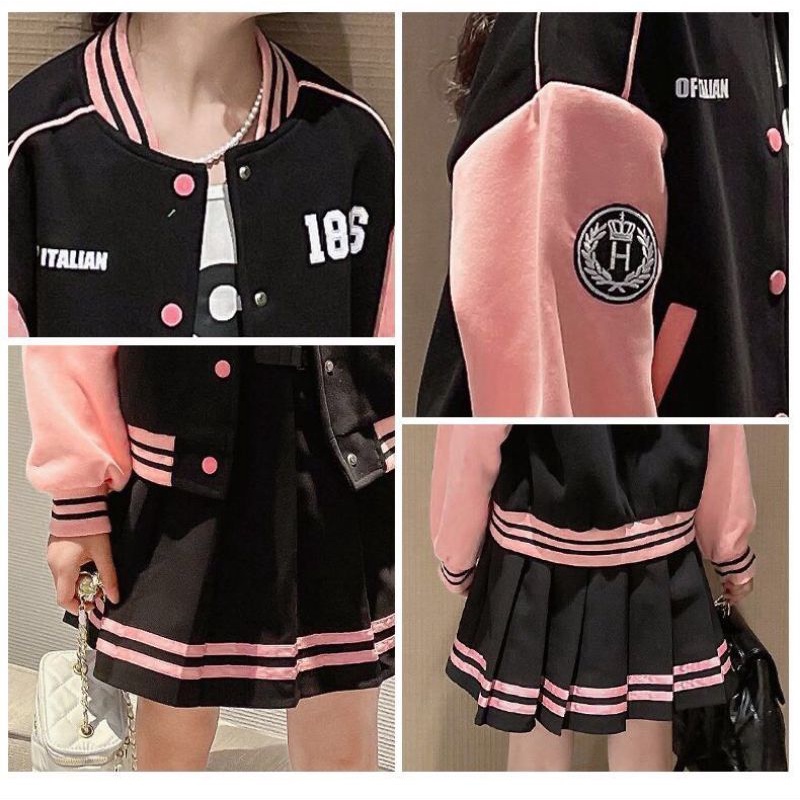 Set bộ bomber bóng chày kết hợp chân váy xếp ly bé gái