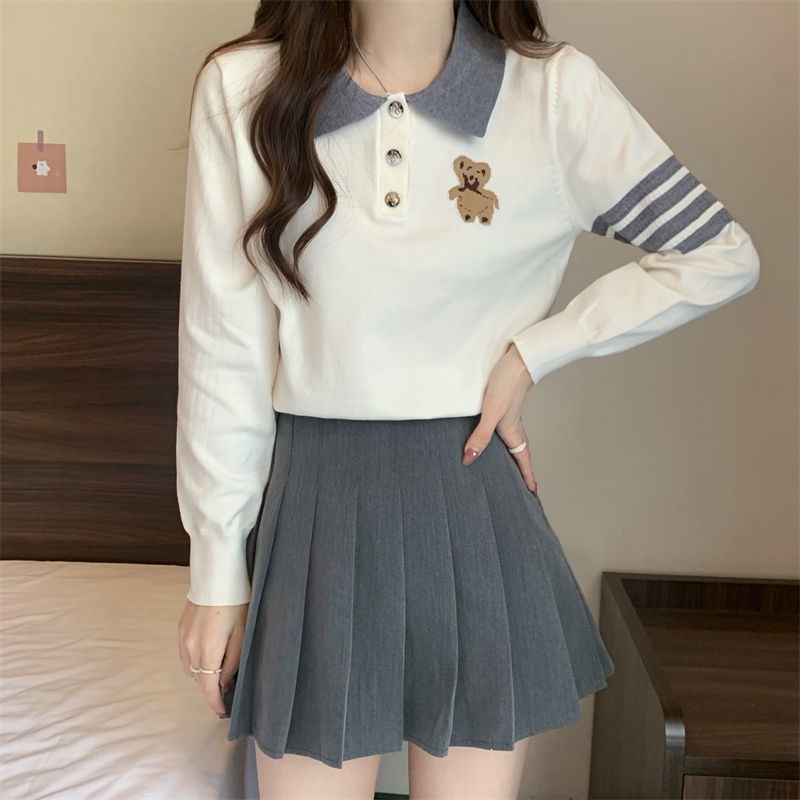 Áo Sweater Tay Dài Cổ Polo Thêu Hình Gấu Dễ Thương Thời Trang Mùa Thu Cho Nữ