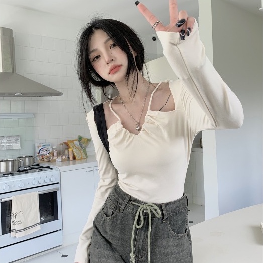 SUXI Áo Croptop Tay Dài Cổ Chữ V Màu Sắc Đơn Giản Cho Nữ