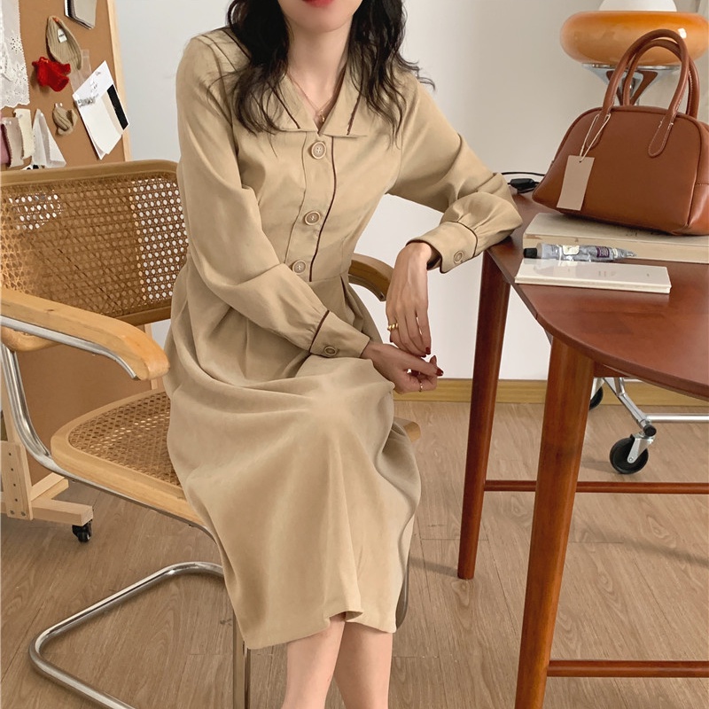 Đầm SUXI dáng chữ A cổ bẻ màu sắc vintage thời trang mùa thu phong cách Hàn Quốc