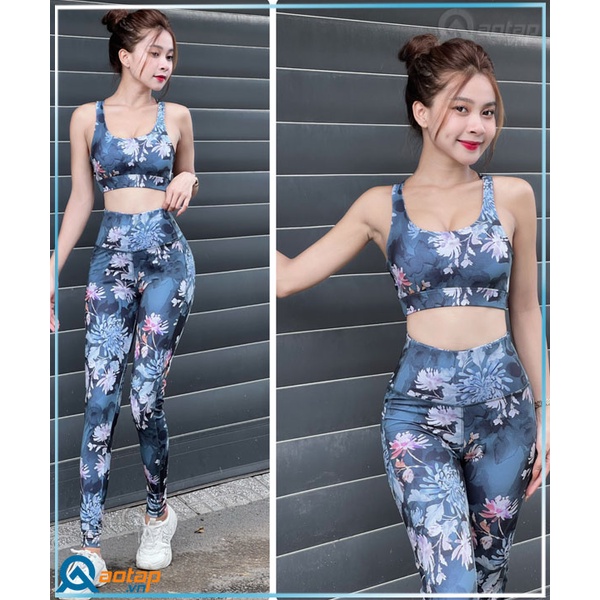 Set tập gym, yoga dài dây chéo đan lưng – Họa Tiết Bông
