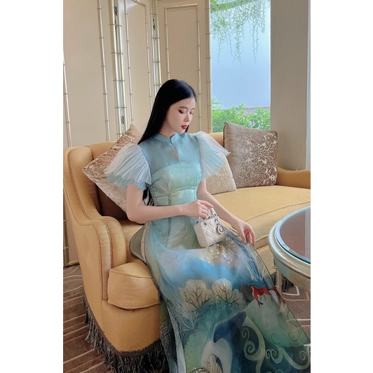 Áo dài cách tân tiểu thư tay xoè dập ly 2 màu hồng và xanh cực xinh tà dài 125 diện Tết siêu xinh và nổi bật