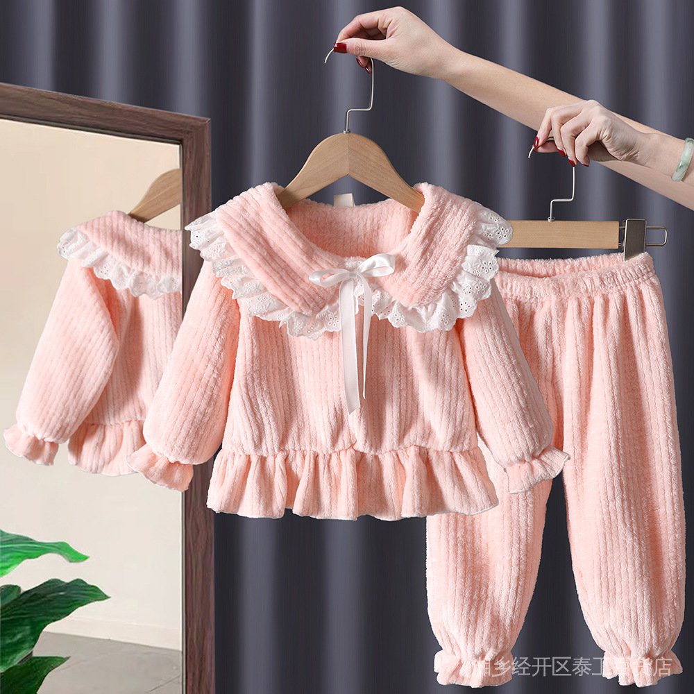 Bộ Đồ Ngủ Lông Cừu San Hô Giữ Ấm Mùa Thu Đông Phong Cách Hàn Quốc Cho Bé Gái 0Acv 11.11 50%