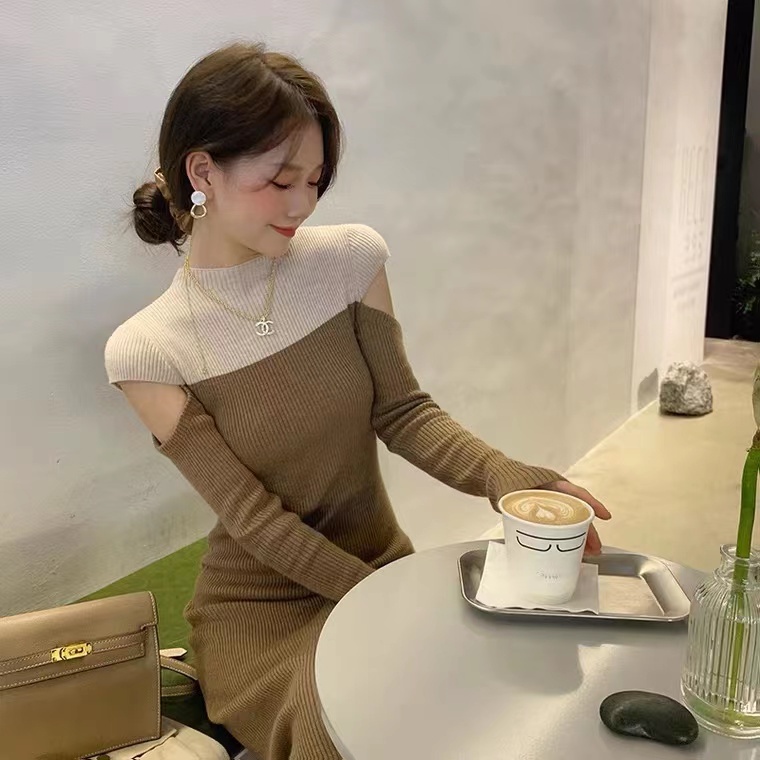 Đầm SUXI tay dài dệt kim ôm dáng phối hai màu cổ điển thời trang thu đông dành cho nữ