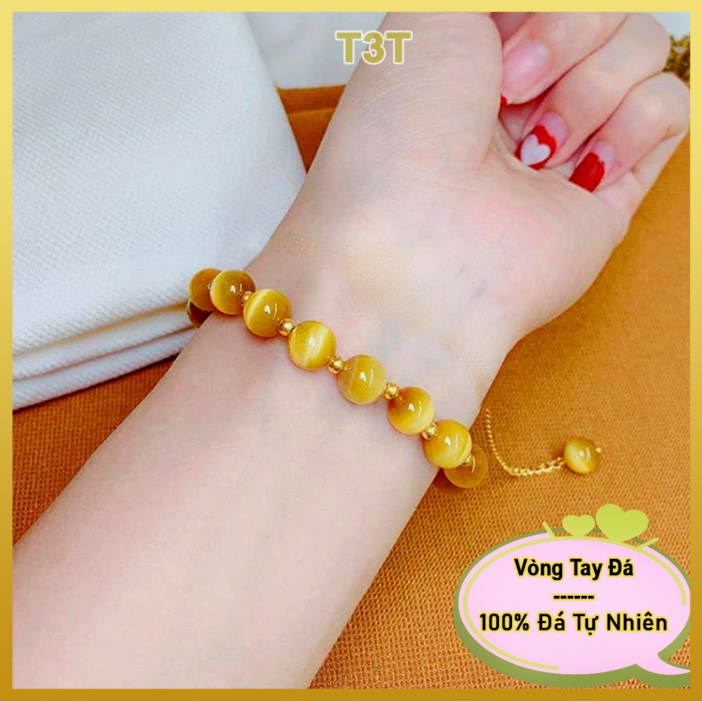 Vòng tay phong thuỷ đá màu vàng tươi mix charm bi tròn, Vòng đá đeo tay kiểu dáng thanh lịch hợp Nam Nữ - Tặng dây - T3T