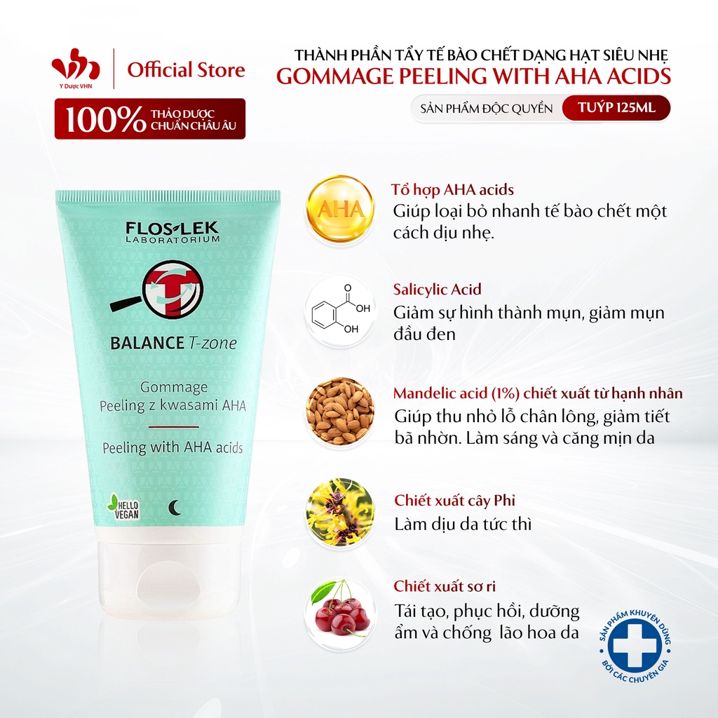 Tẩy Tế Bào Chết Dạng Hạt Siêu Nhẹ FLOSLEK Gommage Peeling With AHA Acids Cho Da Mụn, Hỗn Hợp Thiên Dầu 125ml/Tuýp