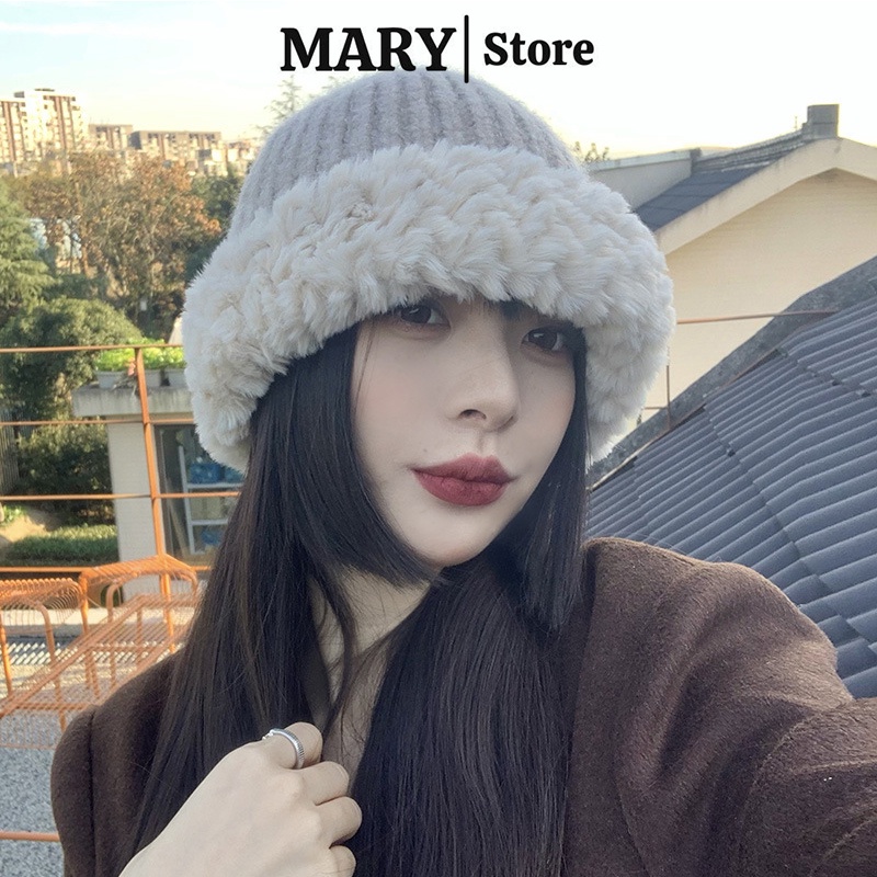 Mũ len nữ thời trang MARY nón len phối lông thú mùa thu đông phong cách hàn quốc