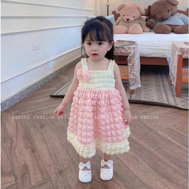 (10-20kg) Đầm xốp hồng đính nơ siêu xinh cho bé gái