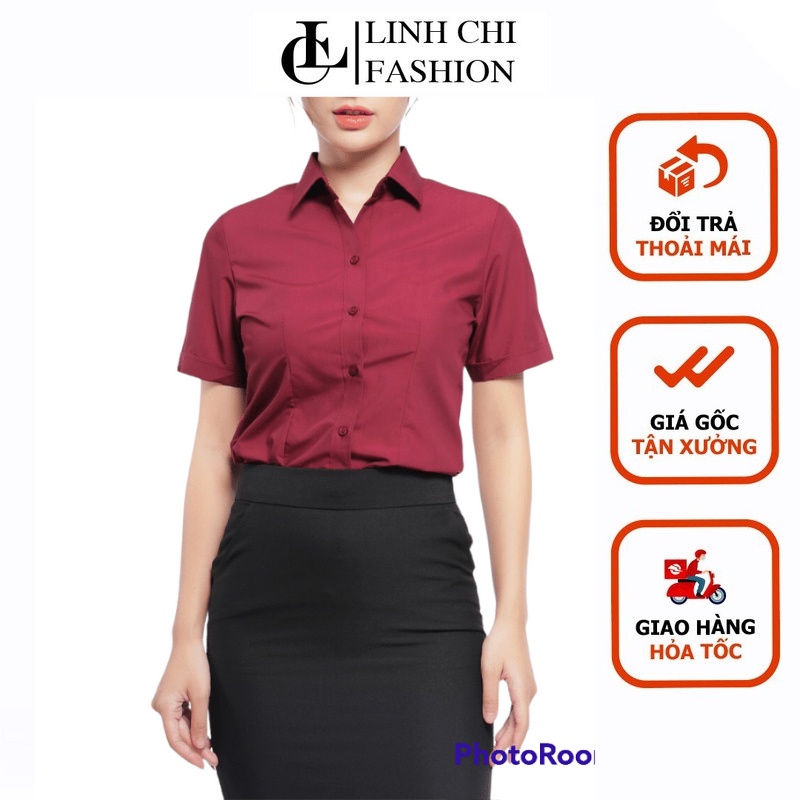 Áo Sơ Mi Nữ Công Sở Cao Cấp  Màu Đỏ Đô Tay Ngắn Vải Kate Ý Đẹp Ít Nhăn Giãn Nhẹ, ĐỔI TRẢ THOẢI MÁI