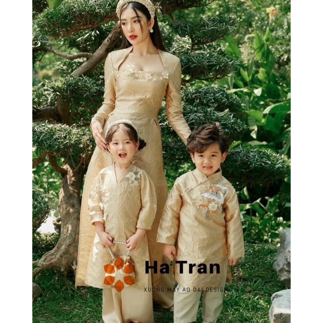 Áo dài gia đình gấm Kim Mai màu vàng champagne cực xinh áo dài thiết kế cho gia đình đủ bố mẹ bé trai bé gái năm 2023