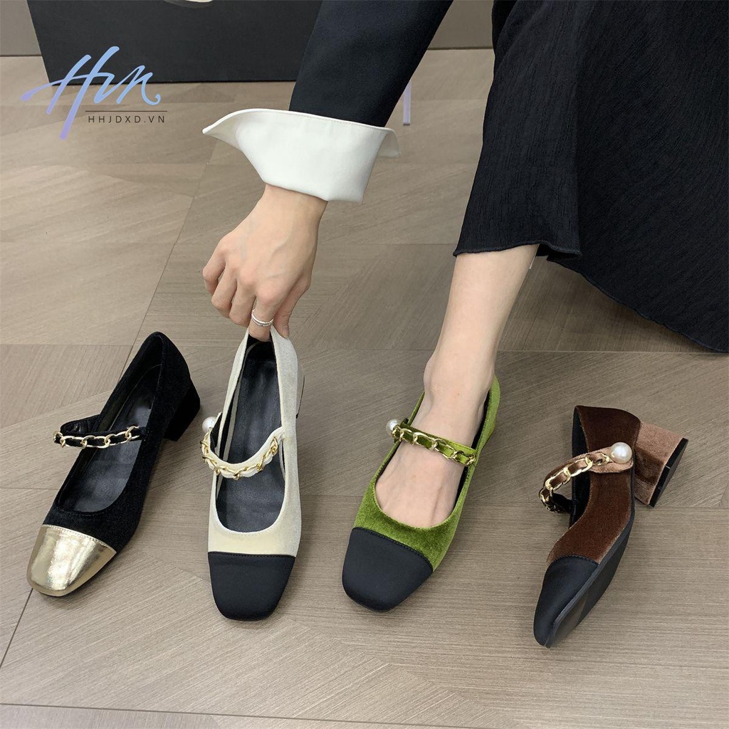 Giày Mary Jane Gót Vừa Phối Nhung Thời Trang Xuân Thu 2022 Mới Cho Nữ