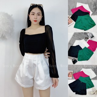 Quần short nữ ống rộng lưng cao xếp li tôn eo quần đùi ống loe nữ cạp cao vải tafta M111