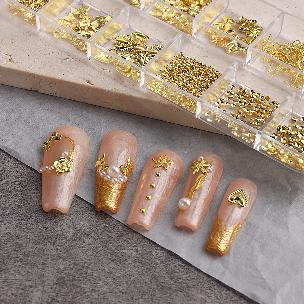 Hạt Đá 3D Bằng Hợp Kim Màu Vàng / Bạc Hình Nơ / Trái Tim Dùng Trang Trí Móng Tay Nghệ Thuật DIY