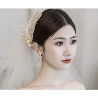 [Phụ kiện cô dâu] Kẹp tóc lá cườm trắng kết tóc lông vũ & hạt châu - MS930