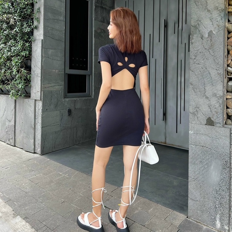 Đầm body thun ôm dáng TOPTIFY  kiểu tay ngắn cổ tròn khoét lưng kiểu Kaity Dress DT29