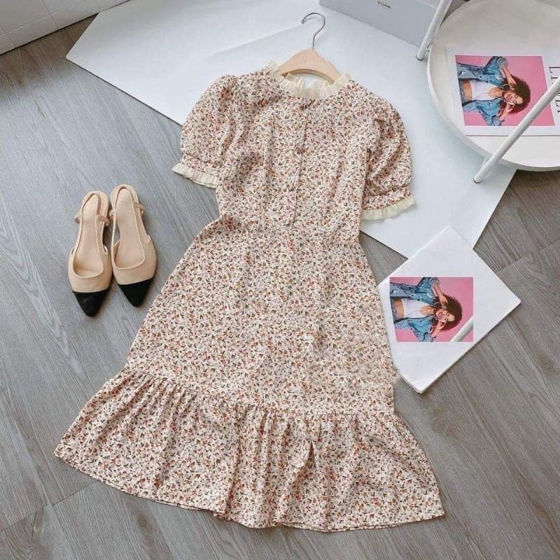 Đầm lụa hoa viền bèo tiểu thư