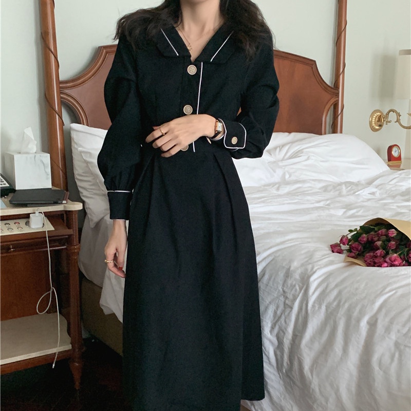 Đầm SUXI dáng chữ A cổ bẻ màu sắc vintage thời trang mùa thu phong cách Hàn Quốc