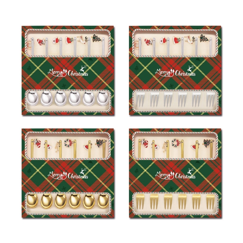 Bộ 6 Muỗng Nĩa Ăn Tráng Miệng Mini Bằng Thép Không Gỉ Họa Tiết Giáng Sinh Dễ Thương