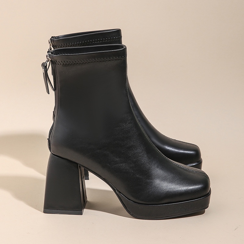 Boots nữ cổ cao đế 8cm da mềm đế trụ khóa sau ôm chân fullbox thời trang, Lisa M20