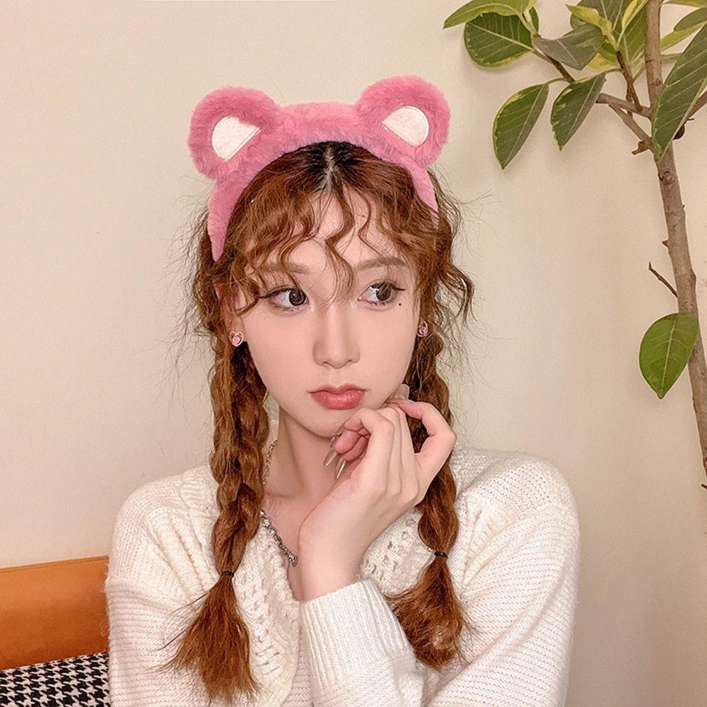 Băng đô cài tóc rửa mặt Phủ Lông Chống Trượt Hình Gấu Hồng Dễ Thương Cho Nữ