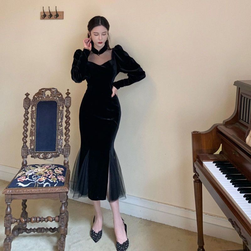 Đầm Nhung Đen Phối Lưới Phong Cách Pháp Cổ Điển Thời Trang Cho Nữ
