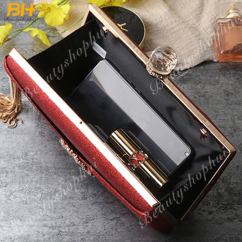 Ví Cầm Tay Dáng Vuông Phối Tua Rua Thanh Lịch Thời Trang Âu Mỹ Cho Nữ