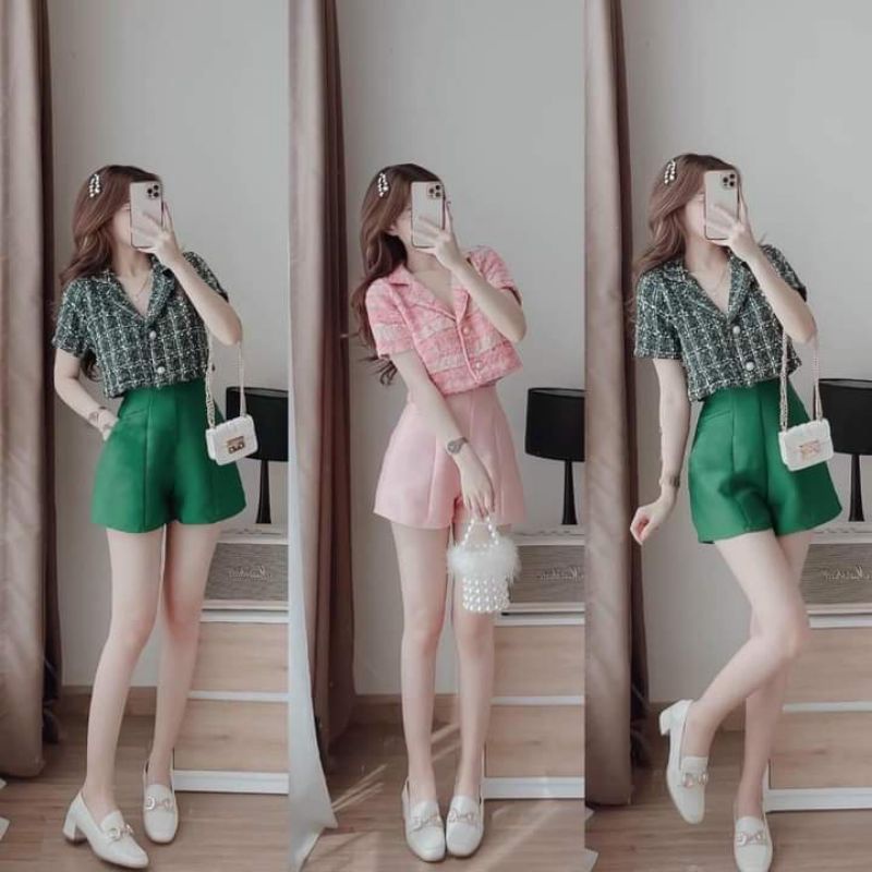 Set áo dạ caro croptop cổ vest tay ngắn cúc ngọc giữa + quần sooc lưng cao