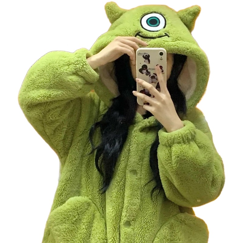 Áo Choàng Tắm Có Mũ Trùm Vải Flannel Phối Nhung Đính Mắt To Dễ Thương Thời Trang Mùa Đông Cho Nữ