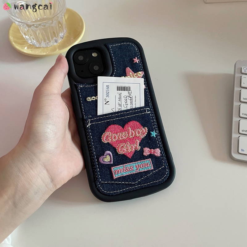 Ốp Điện Thoại Denim Thêu Hình Cô Gái / Ngôi Sao / Nơ Chống Sốc Cho iPhone 14 Plus 14 13 12 11 Pro Max