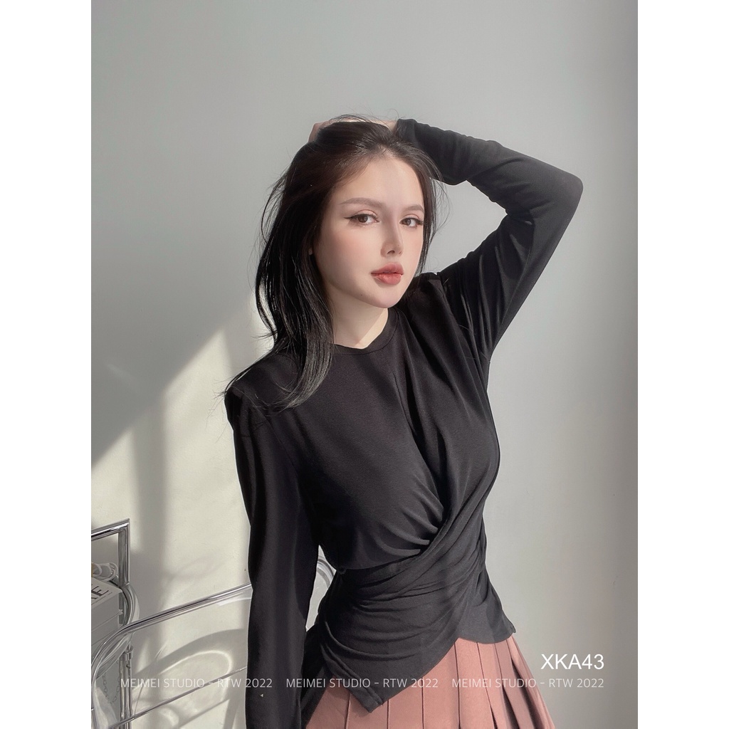 Áo len nữ mongtoghi vạt chéo - Áo ôm body dài tay, cổ tròn, vải len co giãn, dễ phối đồ | XKA43 | Meimei Studio