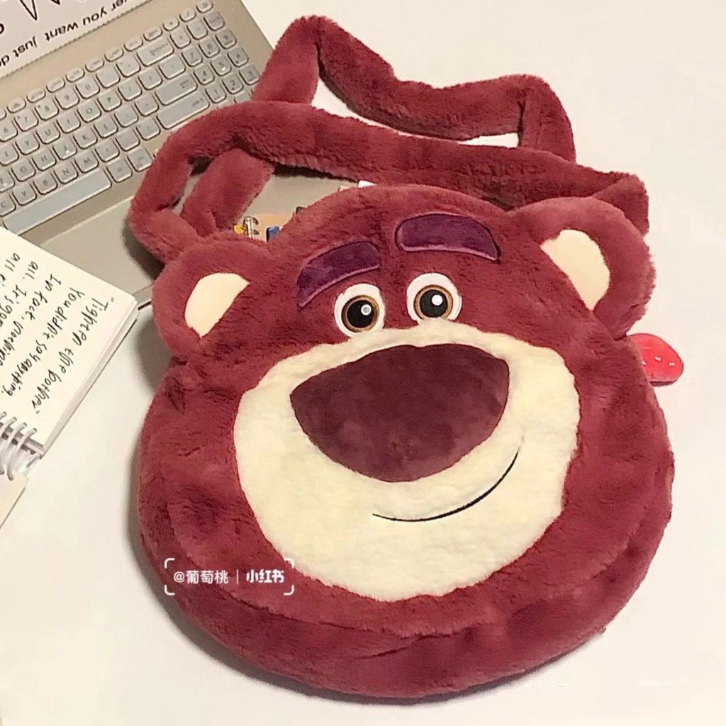 Túi Tote Đeo Vai Cỡ Lớn Phối Lông Họa Tiết Gấu Dâu Tây Disney Dễ Thương Cho Nữ