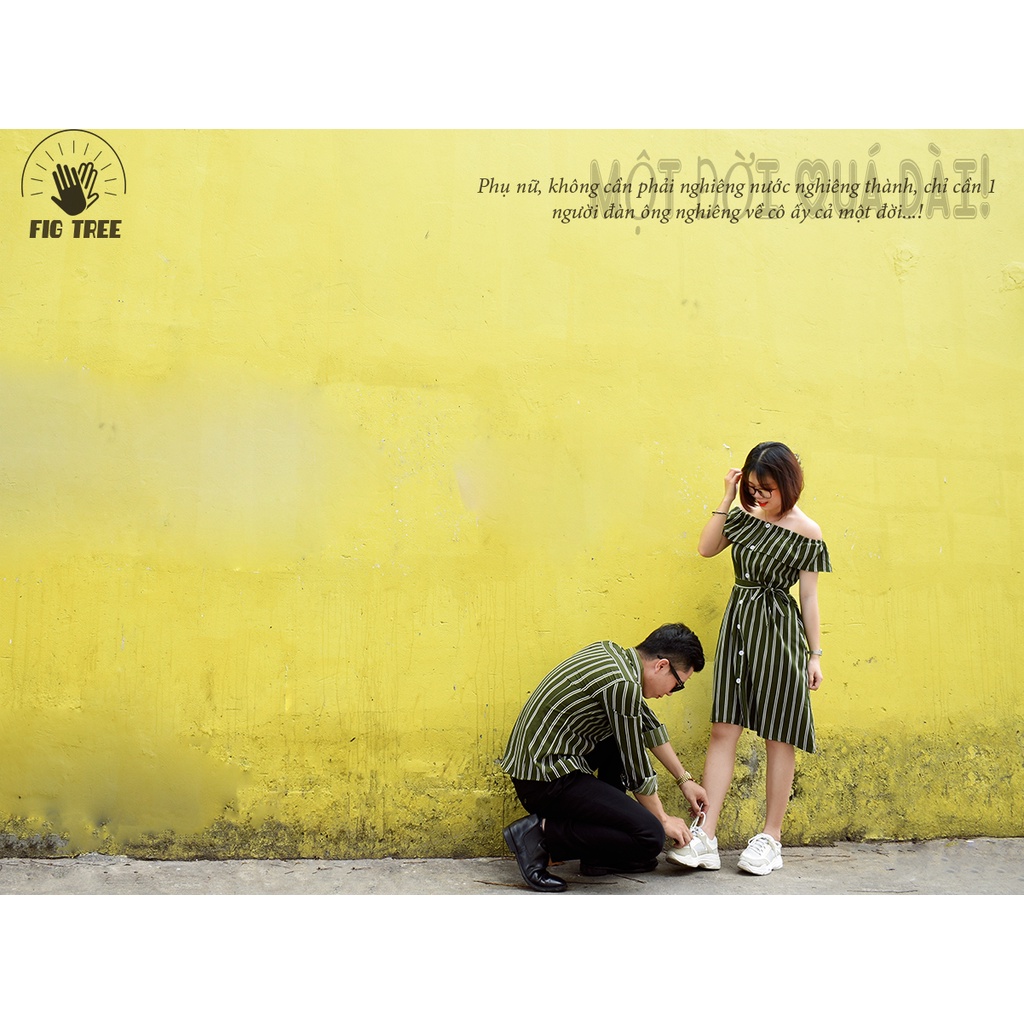 Set sơ mi váy đôi Fig Tree sọc đứng xanh rêu