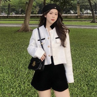 Áo dạ tweed phối tay sơ mi trăng (ảnh thật)