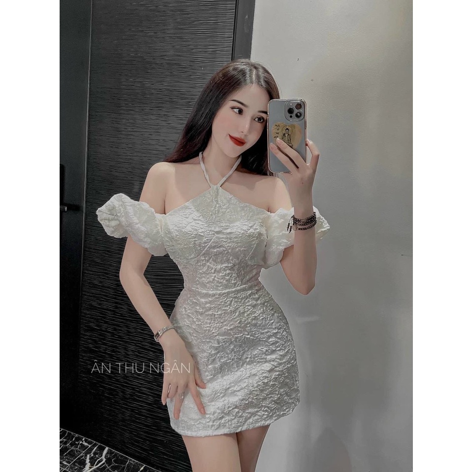 [12/12 Sale Freeship] Đầm tiểu thư nữ chất gấm,đầm cổ yếm rớt vai tay ngắn bồng chất gấm dập hoa nổi dáng chữ A dx