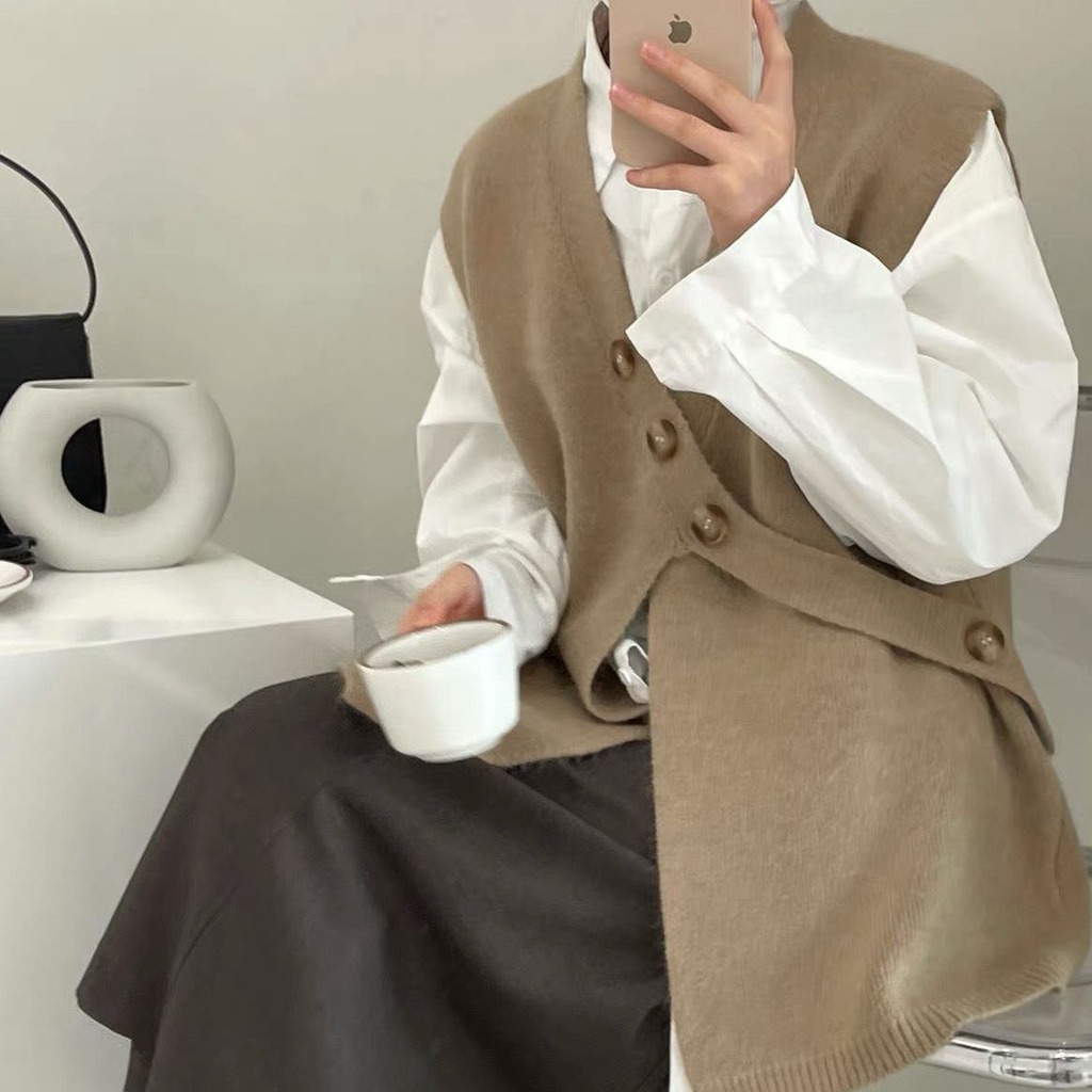 Áo Len Không Tay Ba Nút Đa Năng Hàn Quốc Mới