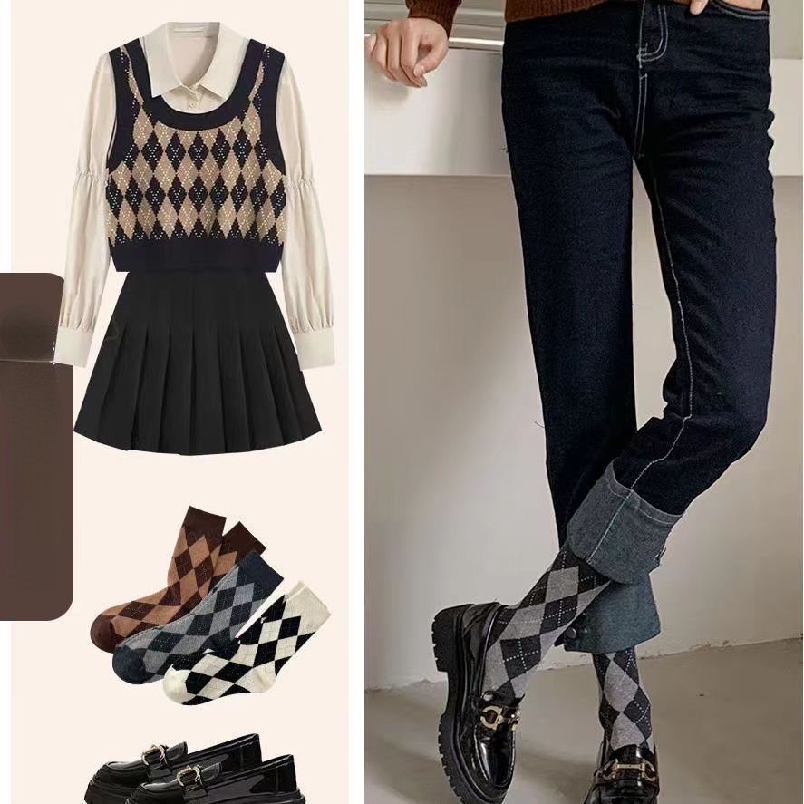 Vớ Cổ Cao Họa Tiết Sọc Caro Phong Cách Retro Thời Trang Thu Đông Cho Nữ
