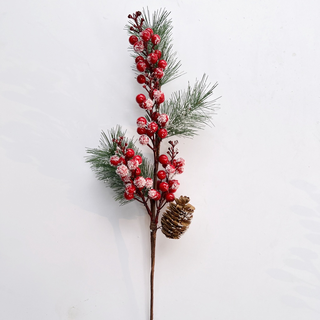 Cành thông đào đông phủ tuyết gắn sẵn phụ kiện dài 55cm - 70cm trang trí Noel Giáng sinh Năm mới