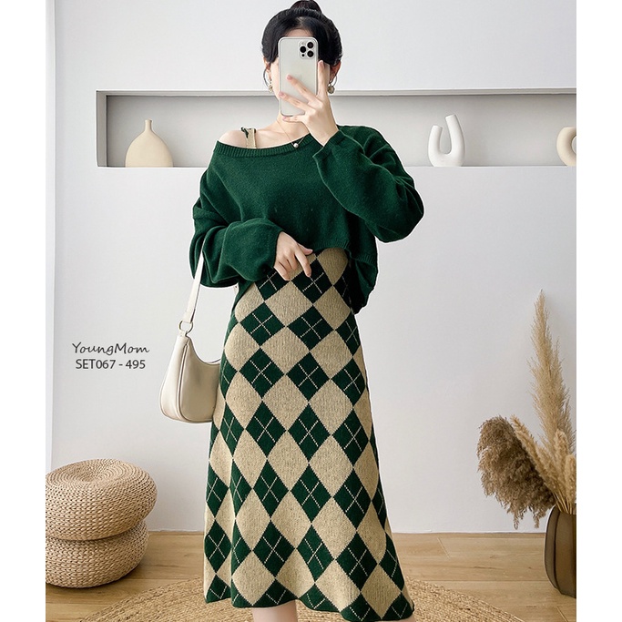 Young Mom | Set váy bầu SET067 chất len gồm áo + váy 2 dây họa tiết trẻ trung, form body tôn dáng hàng nhập Quảng Châu