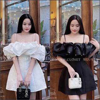 Đầm hai dây bệt vai phồng bèo đính cườm dáng ngắn